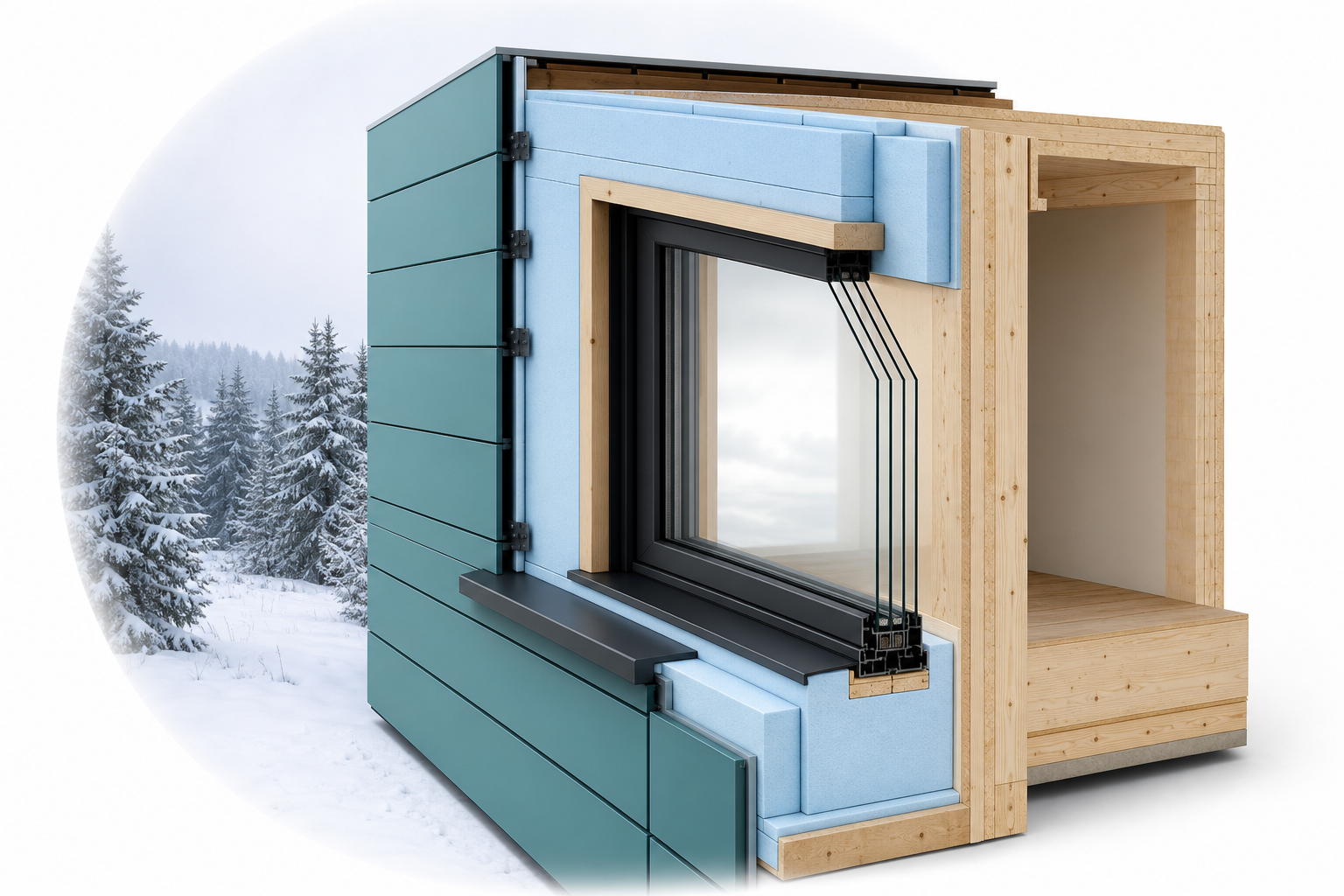 Polar Maxima cold-climate building envelope — exo-insulation, structure, and high-R glazing layers