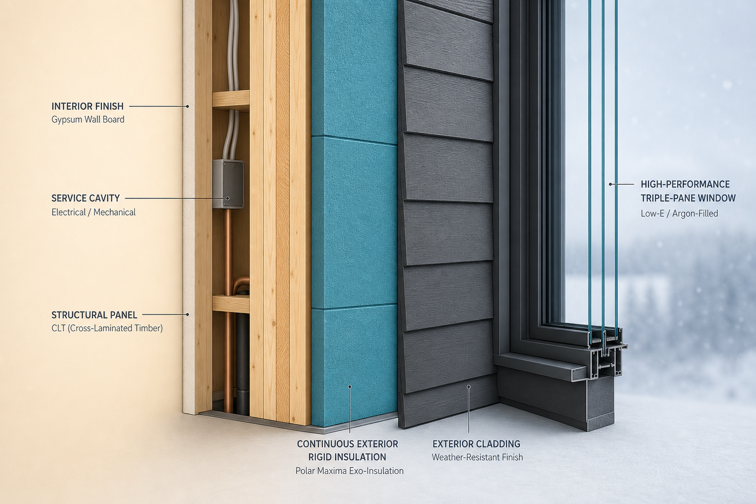 Polar Maxima wall cross-section — interior finish, CLT structure, continuous exo-insulation, exterior cladding, and R10–R17 glazing from warm interior to cold exterior